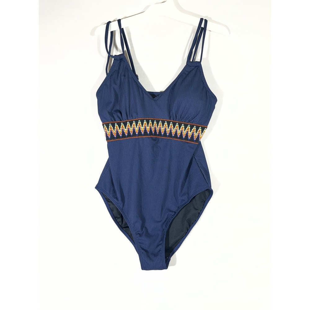 Navy Blue Ribbed One Piece Swimsuit Women M Embroidered Waist VNeck Tribal Beach